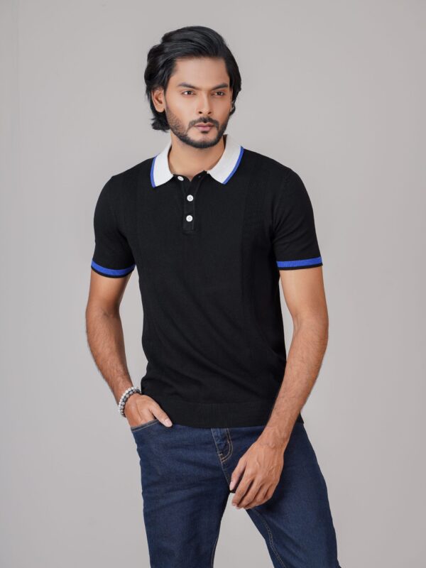 Bright Black Premium Knit Polo Shirt Male - Image 3