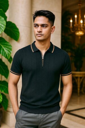 Ellvon Black Knit Polo Shirt Male