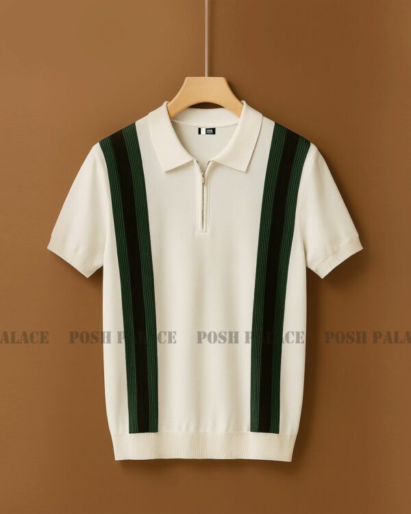 Vibe Vertical White Premium Knit Polo Shirt Male - Image 3