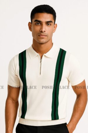 Vibe Vertical White Premium Knit Polo Shirt Male