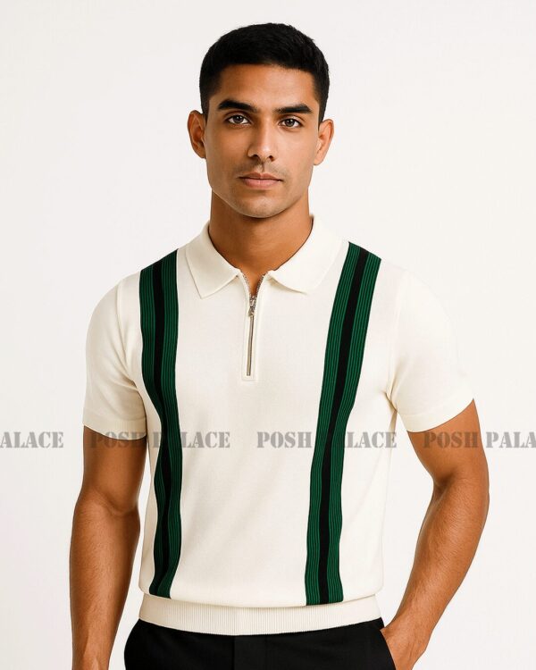 Vibe Vertical White Premium Knit Polo Shirt Male